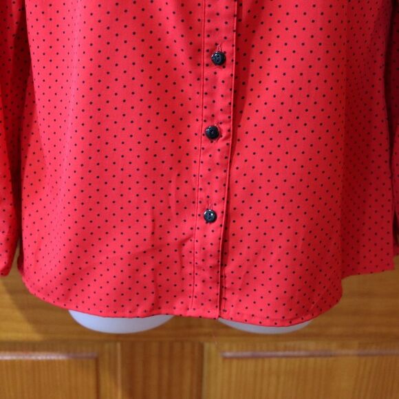 Notations Petite Red Black Polka Dot Mini Roll Tab Sleeve Button Down Blouse - Picture 10 of 15